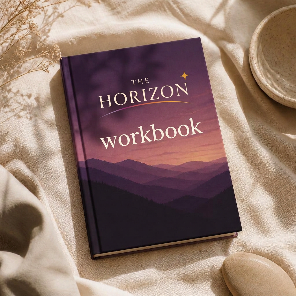The Horizon Workbook — a linen-bound analog guide, shown as a concept mockup